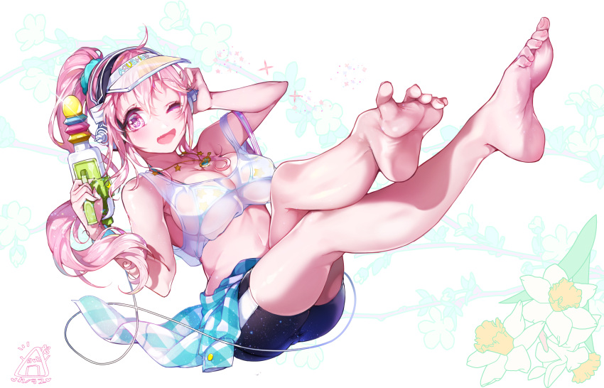 1girl absurdres alternate_hairstyle bare_legs barefoot bike_shorts bikini_top blush breasts clothes_around_waist feet full_body headphones heart heart-shaped_pupils highres kanola_u large_breasts legs long_hair looking_at_viewer navel nitroplus one_eye_closed open_mouth pink_eyes pink_hair ponytail see-through senran_kagura_(series) senran_kagura_peach_beach_splash shirt shirt_around_waist smile solo super_sonico swimsuit symbol-shaped_pupils toes visor_cap