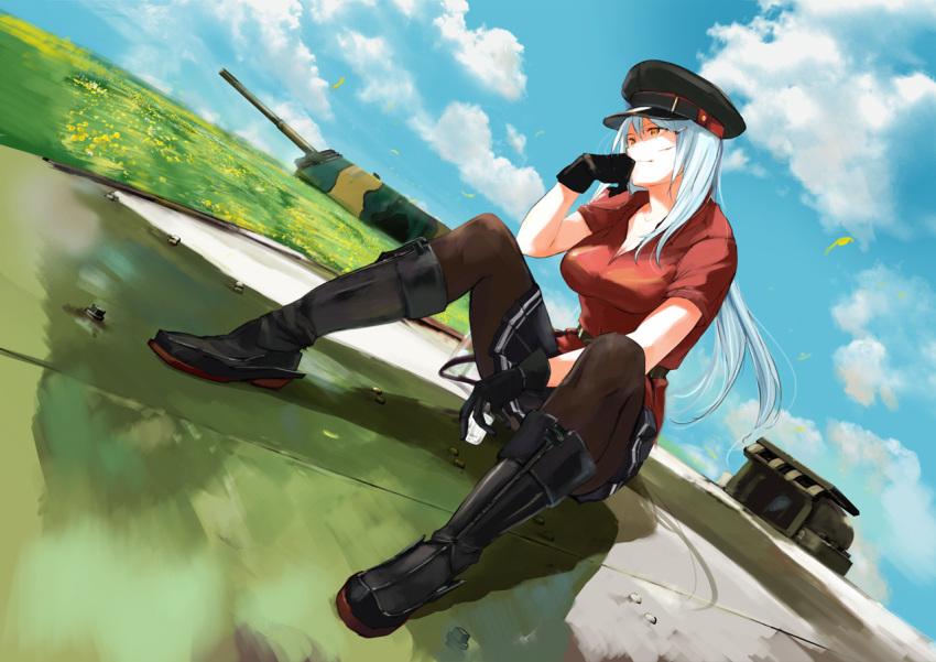 1girl alcohol belt black_gloves black_legwear boots breasts clouds cloudy_sky eyebrows_visible_through_hair facial_scar gangut_(kantai_collection) glass gloves grass gun hair_between_eyes hat kantai_collection large_breasts long_hair military military_hat military_uniform naval_uniform pantyhose peaked_cap red_shirt remodel_(kantai_collection) scar scar_on_cheek shirt shoes silver_hair sky solo takeshima_satoshi turret uniform vodka weapon yellow_eyes