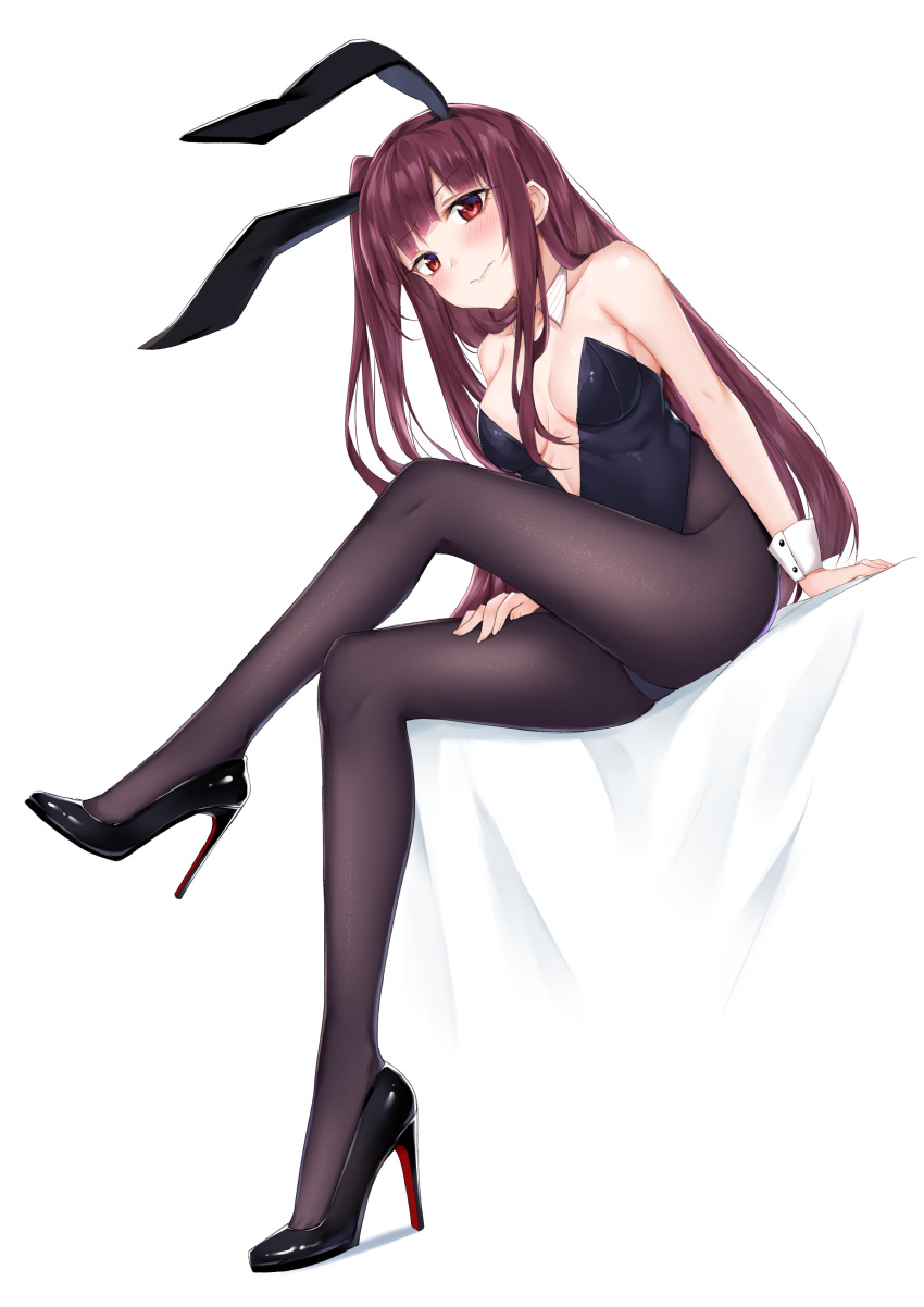 1girl absurdres animal_ears bangs bare_shoulders black_legwear blush breasts bunnysuit cleavage closed_mouth coffeedog collarbone commentary detached_collar eyebrows_visible_through_hair full_body girls_frontline high_heels highres long_hair looking_at_viewer medium_breasts one_side_up pantyhose purple_hair rabbit_ears red_eyes simple_background sitting solo wa2000_(girls_frontline) white_background wrist_cuffs