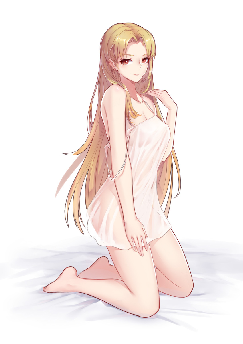 1girl arm_at_side bare_arms bare_legs bare_shoulders barefoot bed_sheet blonde_hair breasts camisole character_request cleavage closed_mouth collarbone commentary_request earrings from_side hair_intakes hand_up highres jewelry kneeling liu_lan long_hair looking_at_viewer looking_to_the_side medium_breasts red_eyes see-through shiny shiny_hair simple_background smile solo spaghetti_strap strap_slip stud_earrings very_long_hair white_background