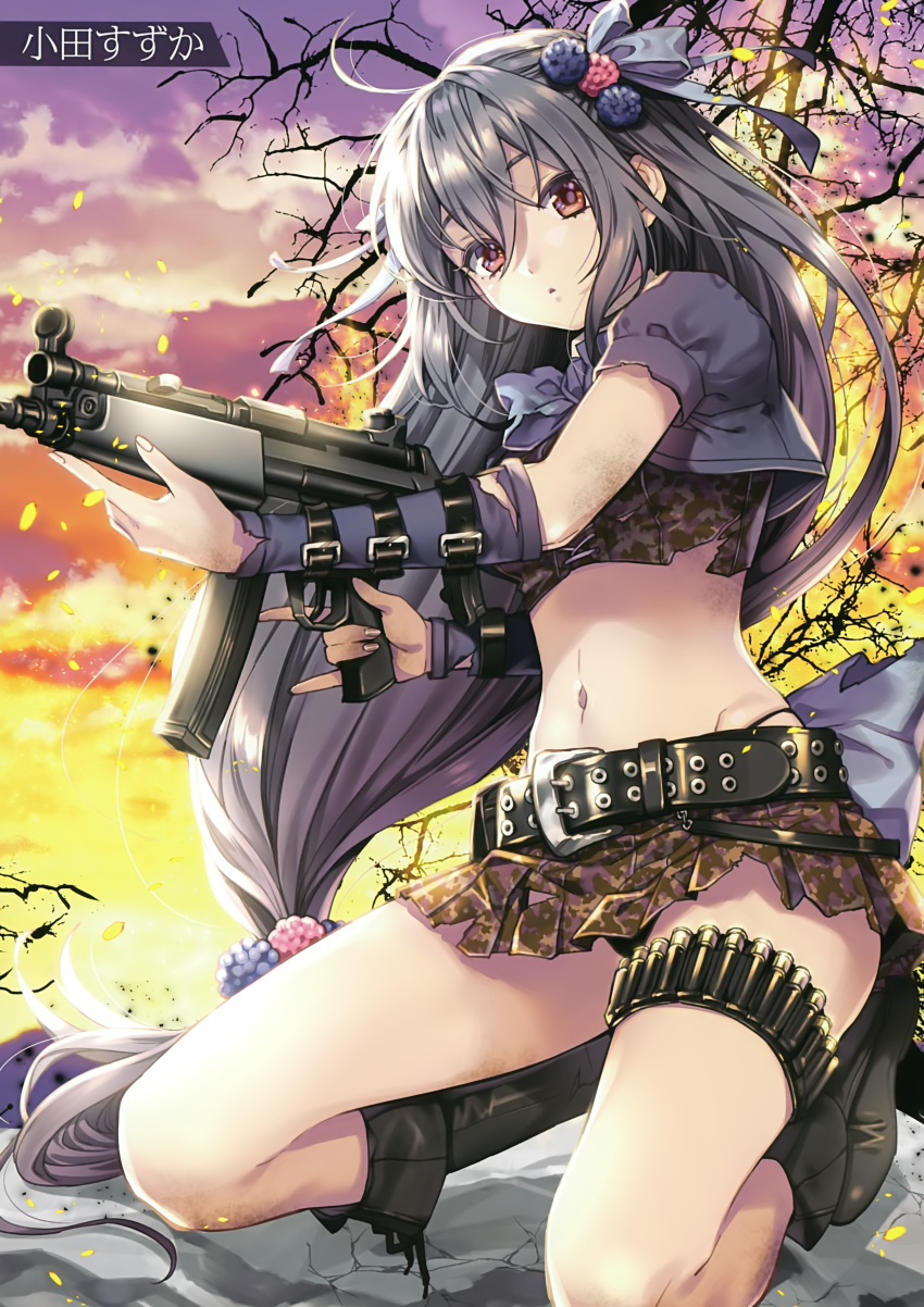 1girl absurdres artist_name belt black_footwear blue_flower brown_skirt clouds crop_top detached_sleeves floating_hair flower grey_hair groin gun hair_flower hair_ornament highres holding holding_gun holding_weapon kneeling long_hair low-tied_long_hair midriff miniskirt navel oda_suzuka original outdoors pink_flower pleated_skirt ponytail skirt sky solo stomach thigh_strap very_long_hair weapon