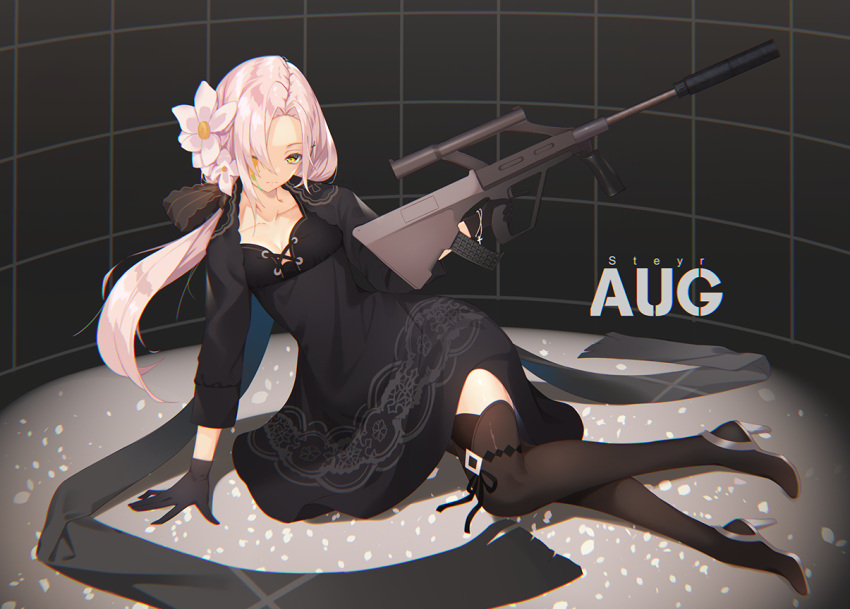 1girl arm_support bangs black_dress blood boots bracelet breasts character_name cleavage closed_mouth collarbone dress expressionless flower girls_frontline gun hair_between_eyes hair_flower hair_ornament hair_ribbon high_heel_boots high_heels holding holding_gun holding_weapon jewelry long_hair looking_at_viewer low-tied_long_hair mole mole_under_eye orange_eyes ribbon rifle sidelocks sitting steyr_aug_(girls_frontline) takayama_shirane thigh-highs thigh_boots thighs weapon yokozuwari