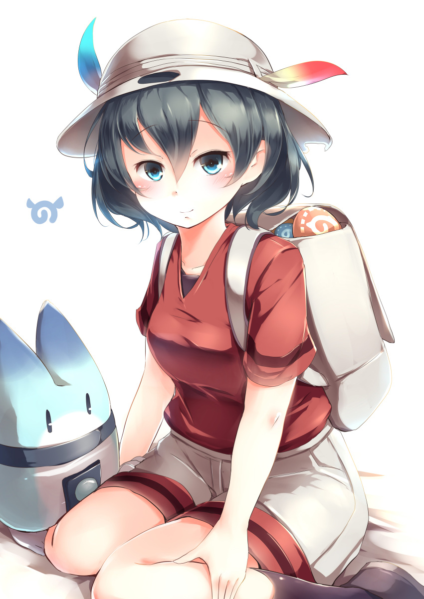 1girl absurdres alternate_legwear backpack bag black_hair black_legwear blue_eyes commentary eyebrows_visible_through_hair food hair_between_eyes hat hat_feather highres japari_bun japari_symbol kaban_(kemono_friends) kanzakietc kemono_friends looking_at_viewer lucky_beast_(kemono_friends) red_shirt shirt short_hair short_sleeves shorts simple_background sitting smile socks wariza white_background white_hat white_shorts