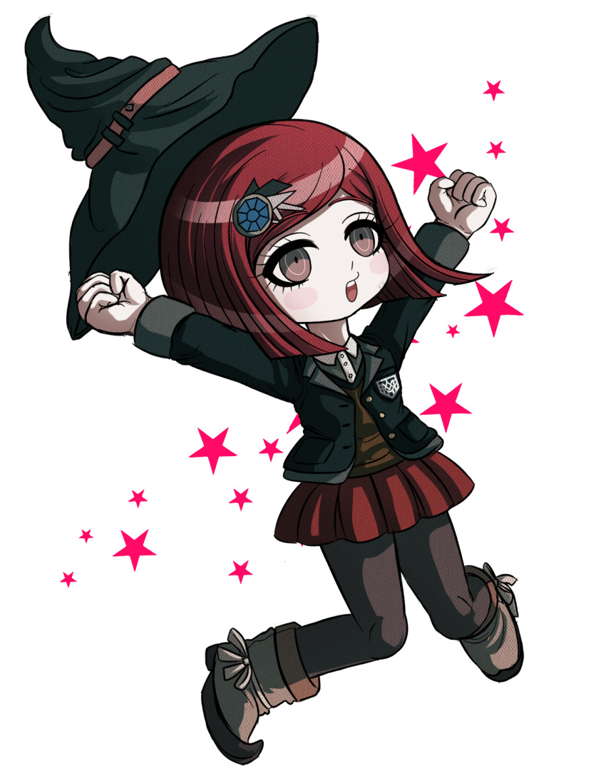 1girl blush_stickers boots brown_eyes dangan_ronpa full_body hair_ornament hairclip hat highres kurokku-tokei new_dangan_ronpa_v3 pantyhose redhead school_uniform short_hair star witch_hat yumeno_himiko