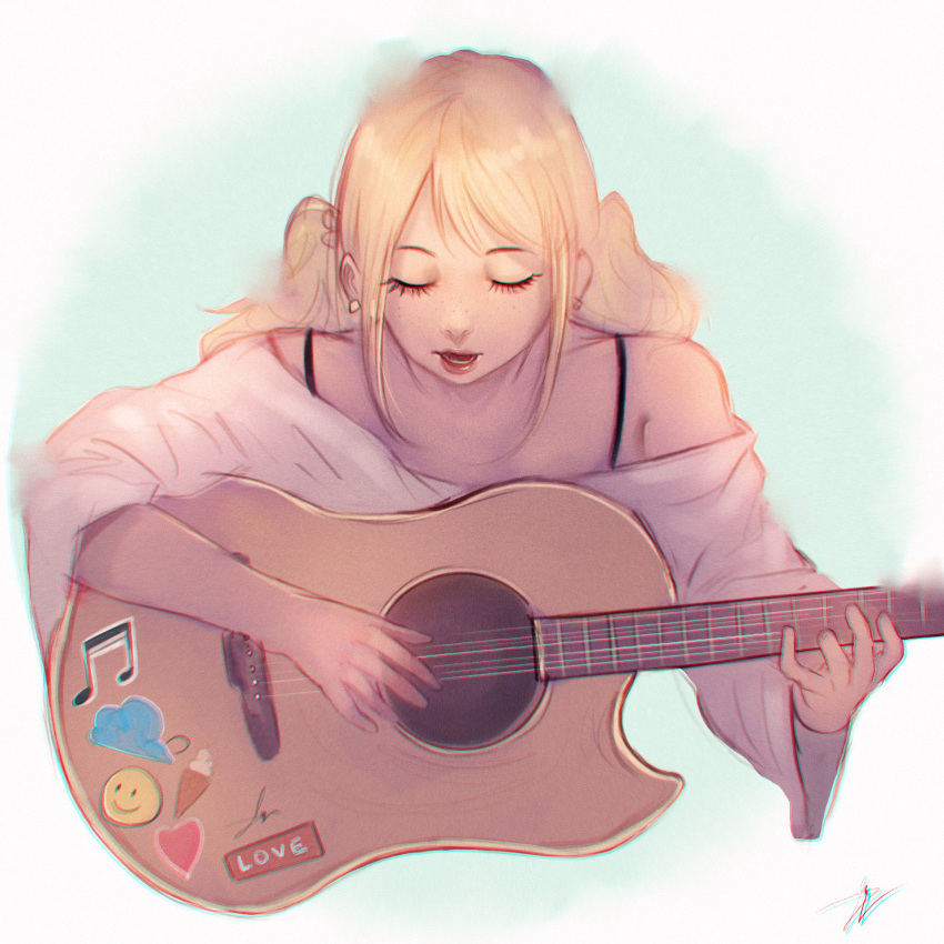 1girl beamed_eighth_notes blonde_hair closed_eyes commentary earrings freckles guitar heart highres holding holding_instrument ice_cream_cone instrument jewelry long_hair music musical_note open_mouth original playing_instrument signature simple_background smiley_face solo sticker trung_doan white_background