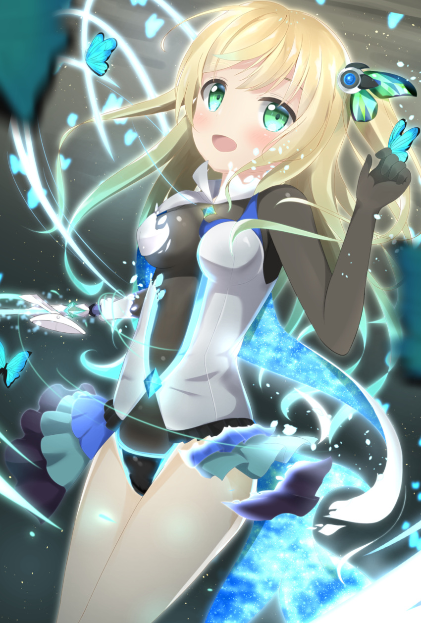 1girl :d animal animal_on_hand arm_up bangs black_leotard blonde_hair blush breasts bug butterfly butterfly_on_finger commentary_request dissolving_clothes eyebrows_visible_through_hair gradient_hair green_eyes green_hair hair_ornament highres holding holding_sword holding_weapon insect kogyokuapple leotard long_hair medium_breasts multicolored_hair open_mouth original smile solo sword very_long_hair weapon