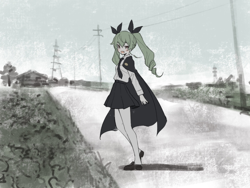 1girl anchovy anzio_school_uniform bangs belt black_belt black_cape black_footwear black_neckwear black_skirt blurry blurry_background cape commentary day dress_shirt drill_hair eyebrows_visible_through_hair fang from_side girls_und_panzer green_hair highres inumoto loafers long_hair long_sleeves looking_at_viewer miniskirt necktie open_mouth outdoors pantyhose pleated_skirt red_eyes school_uniform shadow shirt shoes skirt smile solo standing twin_drills twintails utility_pole white_legwear white_shirt