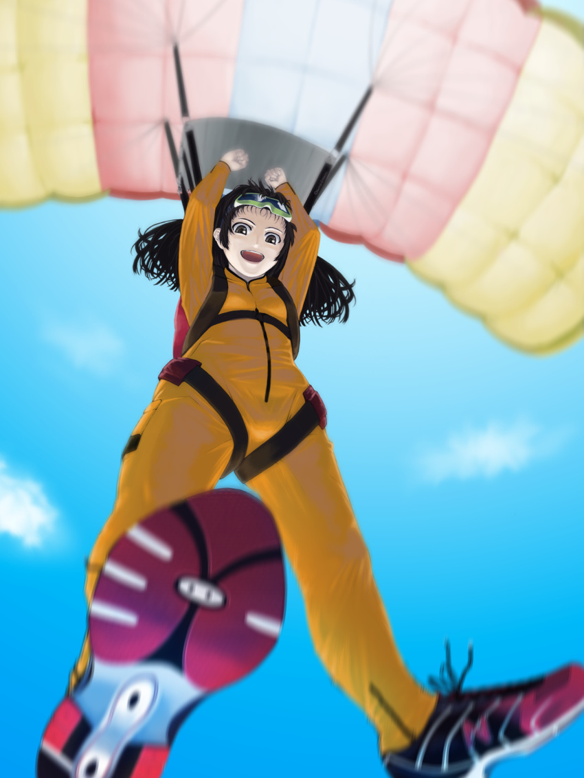 bad_id black_hair blurry character_request cloud clouds depth_of_field foreshortening from_below goggles highres jumpsuit looking_down parachute sky