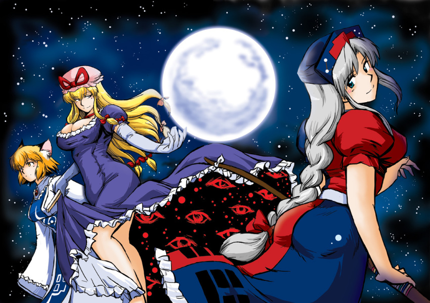 azuki_osamitsu blonde_hair breasts elbow_gloves fox_ears gloves hat long_hair moon ribbon shouzu_choukou silver_hair touhou tsuki_wani yagokoro_eirin yakumo_ran yakumo_yukari