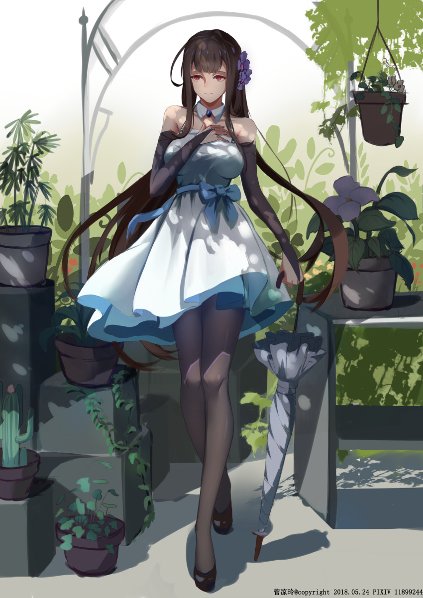 1girl absurdres alternate_costume bangs black_footwear black_legwear blunt_bangs blush breasts bridal_gauntlets brown_hair cactus cleavage closed_umbrella dated day detached_collar dress dsr-50_(girls_frontline) flower girls_frontline hair_flower hair_ornament hand_on_own_chest highres holding holding_umbrella kanryourei large_breasts long_hair looking_away mid-stride outdoors pantyhose plant potted_plant pumps red_eyes shade sidelocks smile solo umbrella very_long_hair walking white_dress wind wind_lift