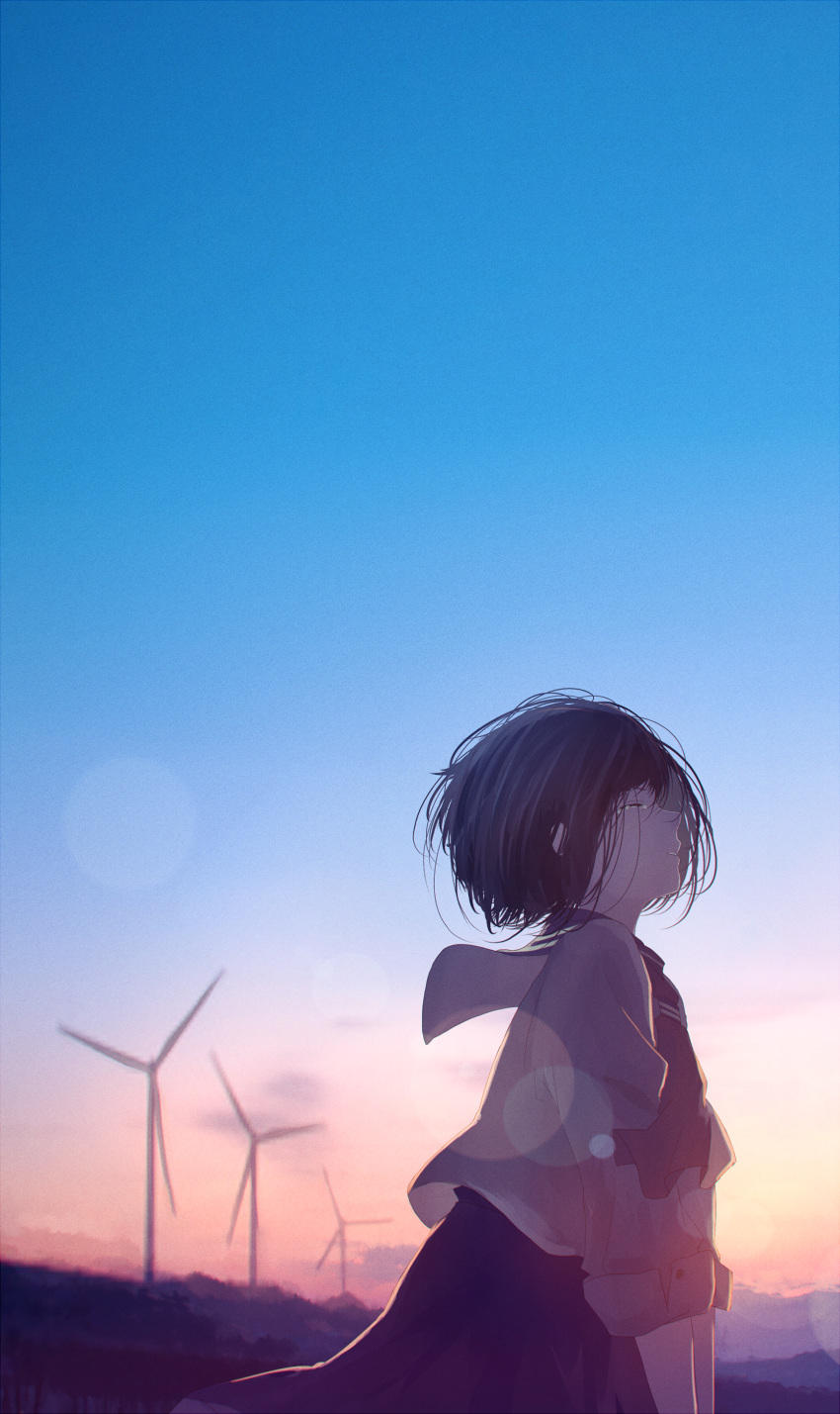 1girl absurdres black_hair closed_eyes crying highres mifuru original school_uniform shirt short_hair skirt solo sunset tears wind_turbine windmill