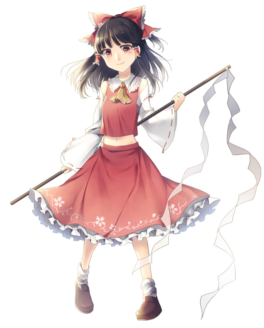 1girl ascot black_hair bow brown_footwear commentary detached_sleeves full_body gohei hair_bow hair_tubes hakurei_reimu highres kaede_(mmkeyy) looking_at_viewer midriff navel red_eyes ribbon-trimmed_sleeves ribbon_trim sarashi shoes socks solo touhou white_background white_legwear yellow_neckwear