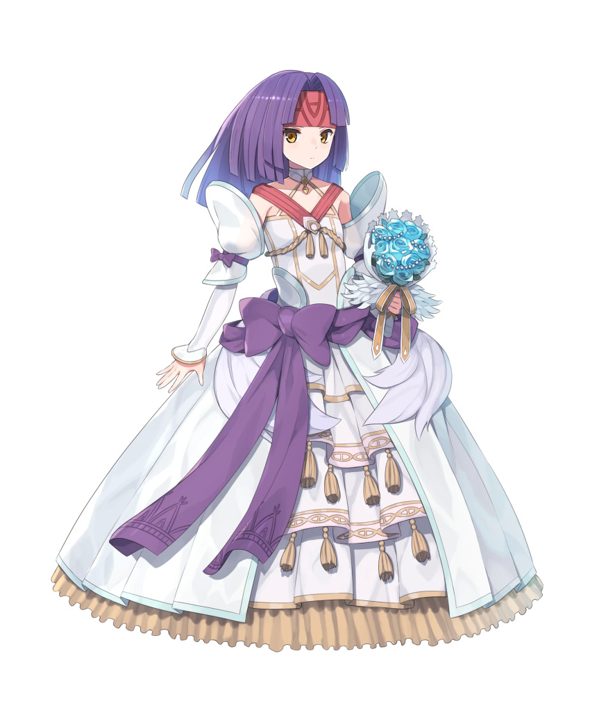 1girl alternate_costume arm_ribbon bare_shoulders blue_flower blue_rose bouquet closed_mouth detached_collar dress expressionless eyes fire_emblem fire_emblem:_akatsuki_no_megami fire_emblem:_souen_no_kiseki fire_emblem_heroes flower formal full_body headband highres holding holding_bouquet long_sleeves looking_at_viewer medium_hair purple_hair purple_ribbon ribbon rose sanaki_kirsch_altina solo strapless strapless_dress wedding_dress white_dress yellow_ribbon