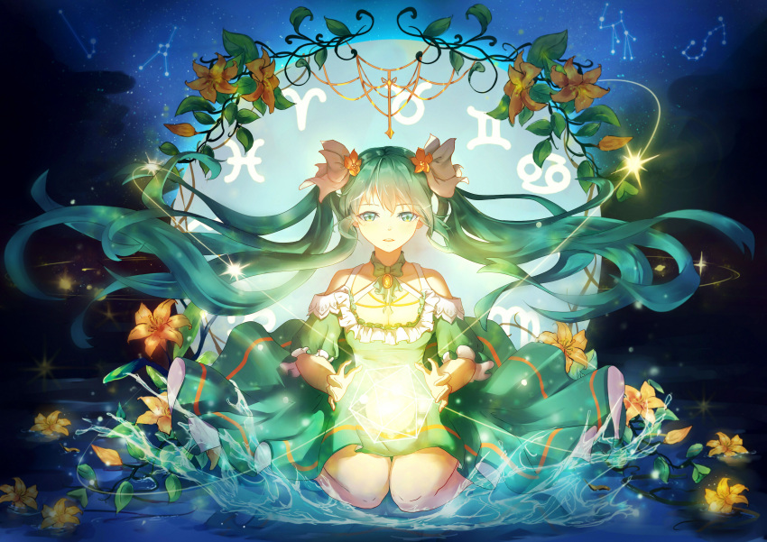 1girl absurdres aqua_hair choker collarbone detached_sleeves eyebrows_visible_through_hair floating_hair flower full_body green_eyes hair_between_eyes hatsune_miku highres kneeling long_hair natsume_ziana night outdoors parted_lips sky solo star_(sky) starry_sky twintails very_long_hair vocaloid yellow_flower zodiac