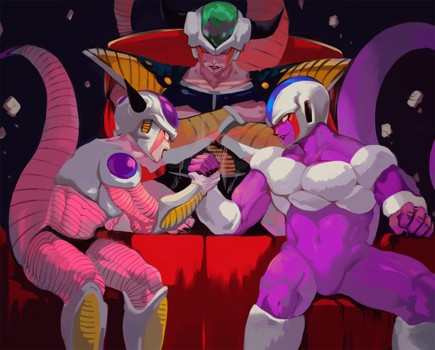 3boys arm_wrestling armor black_background brothers closed_eyes cooler_(dragon_ball) crossed_arms dragon_ball dragonball_z elbows_on_table evil_smile eye_contact father_and_son fingernails floating_rock frieza frown highres horns king_cold looking_at_another male_focus mayo_cha multiple_boys open_mouth red_eyes rock siblings simple_background sitting smile sweatdrop tail