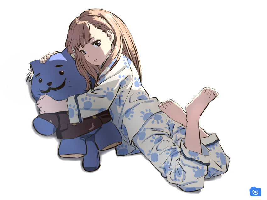 1girl bangs barefoot blue_eyes brown_hair closed_mouth eyebrows_visible_through_hair from_behind highres legs_crossed long_sleeves looking_at_viewer looking_back nazoani_museum original pajamas pants paw_print shirt solo stuffed_animal stuffed_cat stuffed_toy transparent_background