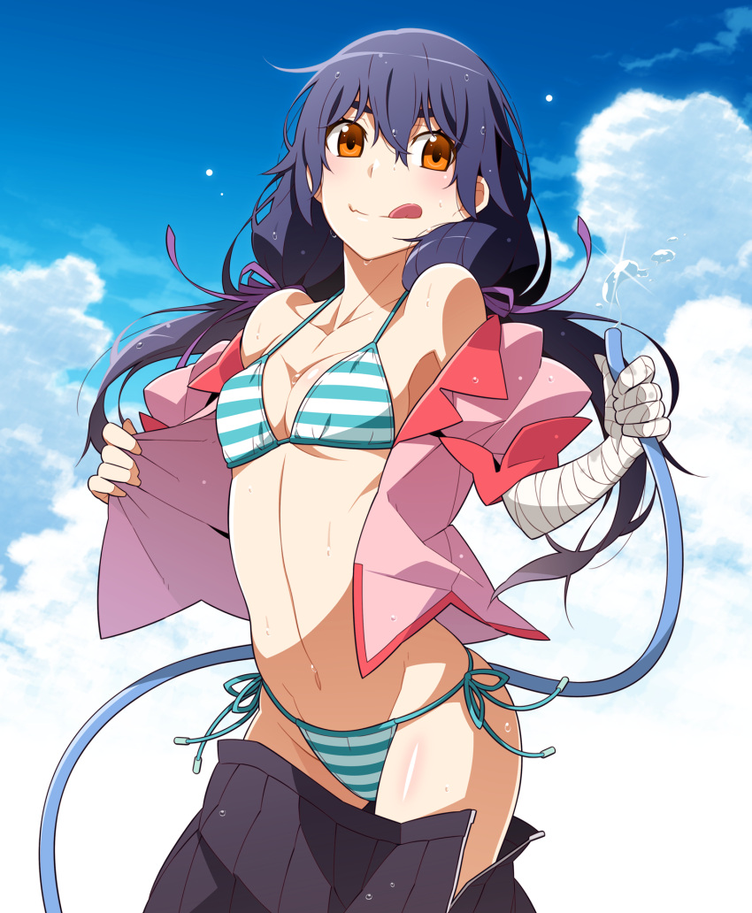 1girl :q bandage bandaged_arm bikini blue_hair braid breasts cleavage commentary_request cowboy_shot day highres hose kanbaru_suruga low_twintails monogatari_(series) navel open_clothes open_skirt orange_eyes pleated_skirt side-tie_bikini skirt skirt_pull sky small_breasts solo sparkle striped striped_bikini swimsuit tongue tongue_out twintails wet wet_hair yamanami_kousuke