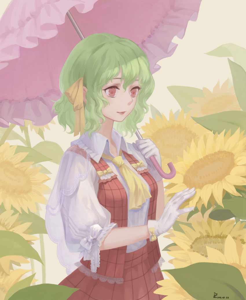1girl absurdres arm_up breasts cravat dated day eyelashes flower garden_of_the_sun gloves green_hair hair_ribbon highres holding holding_umbrella kazami_yuuka light_smile lips looking_to_the_side medium_breasts medium_sleeves no_lineart nya3737 open_clothes open_vest outdoors plaid plaid_skirt plaid_vest puffy_sleeves red_eyes ribbon shirt short_hair signature skirt solo sunflower thick_eyebrows touhou umbrella upper_body vest white_gloves white_shirt yellow_neckwear