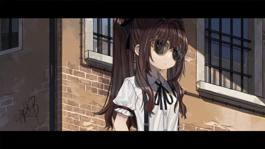 1girl bangs black_ribbon blue_eyes breasts brick_wall brown_hair building closed_mouth collared_shirt day hair_between_eyes hair_intakes letterboxed long_hair looking_away luicent neck_ribbon original outdoors puffy_short_sleeves puffy_sleeves ribbon shirt short_sleeves sidelocks small_breasts solo sunglasses suspenders twintails white_shirt window