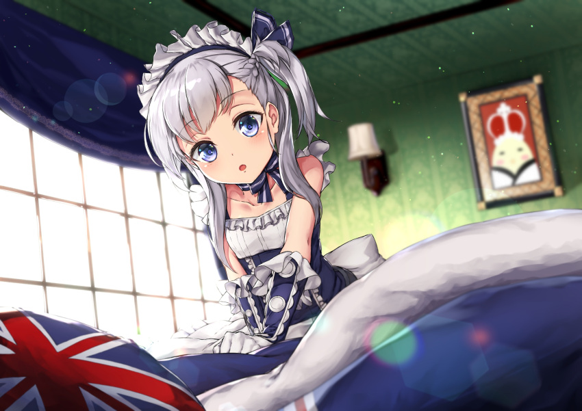 1girl aono_meri azur_lane bed belchan_(azur_lane) belfast_(azur_lane) blue_dress braid commentary_request dress elbow_gloves gloves highres long_hair maid_headdress open_mouth picture_(object) picture_frame pillow ribbon side_ponytail silver_hair sitting solo v_arms window younger