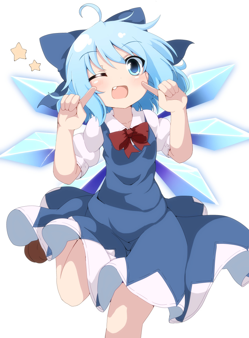 1girl ;d absurdres ahoge blue_dress blue_eyes blue_hair bow cirno commentary_request do_(4-rt) dress eyebrows_visible_through_hair fang hair_bow highres ice ice_wings looking_at_viewer one_eye_closed open_mouth pointing pointing_at_self puffy_short_sleeves puffy_sleeves short_hair short_sleeves simple_background smile solo star touhou white_background wings