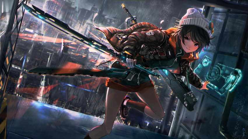 1girl assault_rifle badge bangs beanie black_dress black_footwear brown_eyes brown_hair brown_legwear building button_badge city closed_mouth clouds commentary commentary_request dress eyebrows_visible_through_hair fingernails gun hat highres holding holding_sword holding_weapon hologram holographic_interface holographic_touchscreen hood hood_down hooded_jacket hoodie i-ron jacket kneehighs leg_up long_fingernails long_sleeves night open_clothes open_jacket original outdoors outstretched_arm rain rifle scabbard science_fiction sheath shoes short_dress short_hair skyscraper solo standing standing_on_one_leg sword unsheathed weapon zipper