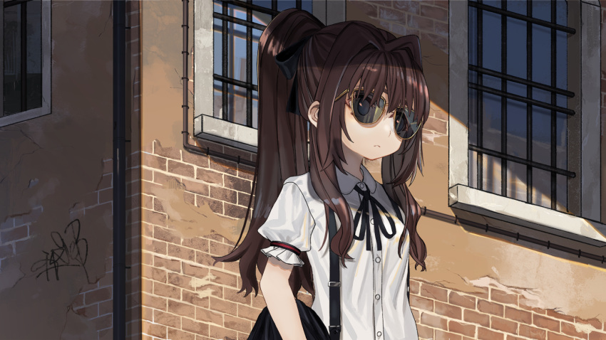 1girl bangs black_ribbon blue_eyes breasts brick_wall brown_hair building closed_mouth collared_shirt commentary_request day hair_between_eyes hair_intakes long_hair looking_away luicent neck_ribbon original outdoors puffy_short_sleeves puffy_sleeves ribbon shirt short_sleeves sidelocks small_breasts solo sunglasses suspenders twintails white_shirt window