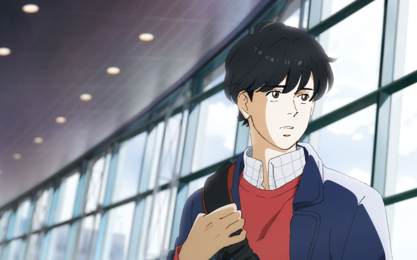 1boy bag banana_fish black_eyes black_hair highres jacket key_visual official_art okumura_eiji plaid plaid_collar shirt short_hair shoulder_bag solo upper_body window