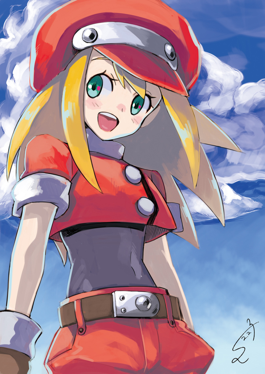 1girl bangs belt belt_buckle blonde_hair blush bodysuit brown_gloves buckle buttons cap capcom clouds covered_navel cowboy_shot dated gloves green_eyes hat highres long_hair looking_to_the_side open_mouth rockman rockman_dash roll_caskett short_sleeves shorts sidelocks signature sky smile solo sumomo teeth undershirt