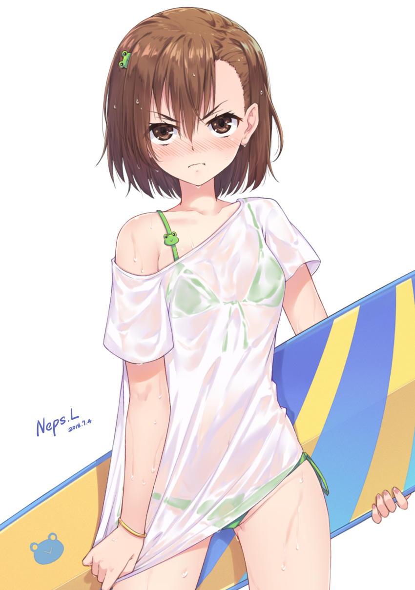 1girl absurdres bikini blush breasts brown_eyes brown_hair commentary commentary_request cowboy_shot frog_hair_ornament frown gekota green_bikini hair_between_eyes hair_ornament highres holding_surfboard looking_at_viewer misaka_mikoto neps-l off_shoulder see-through shirt shirt_tug short_hair simple_background small_breasts solo swimsuit to_aru_kagaku_no_railgun to_aru_majutsu_no_index wet wet_clothes wet_shirt white_background white_shirt