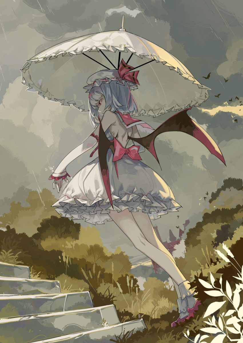 1girl azling bat_wings blue_hair bow bush cattail clouds detached_sleeves dress frilled_dress frilled_umbrella frills from_behind hat hat_ribbon highres looking_down mob_cap outstretched_arm plant rain red_ribbon remilia_scarlet ribbon scarlet_devil_mansion shoes short_hair solo stairs touhou umbrella wings