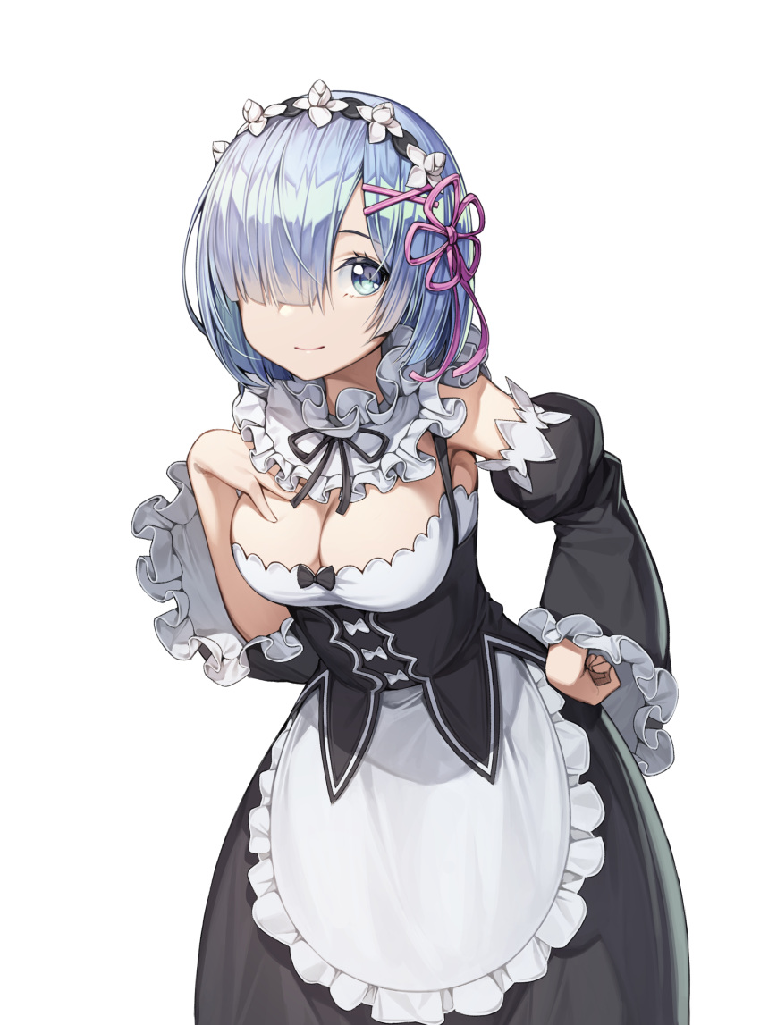 1girl absurdres apron bangs black_ribbon black_skirt blue_eyes blue_hair breasts choker cleavage corset cowboy_shot detached_sleeves flower frilled_apron frills hair_flower hair_ornament hair_over_one_eye hair_ribbon hand_on_hip hand_on_own_chest head_wreath highres looking_at_viewer maid medium_breasts mokew neck_ribbon pink_ribbon re:zero_kara_hajimeru_isekai_seikatsu rem_(re:zero) ribbon short_hair simple_background skirt smile solo standing white_apron white_background white_flower