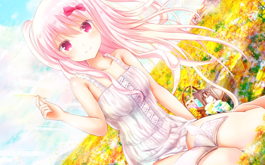 1girl arm_up barefoot basket book bow clouds commentary_request dress feathers field flower flower_field girlfriend_(kari) hair_bow highres holding kagami_matsuri long_hair masa_(mirage77) outdoors pink_eyes pink_hair ribbon short_dress side_ponytail sitting sky smile solo sundress white_dress