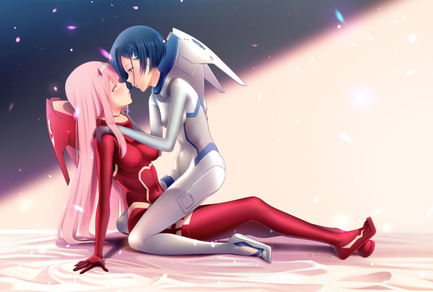 2girls absurdres aqua_eyes arm_support bangs bed_sheet blue_hair bodysuit breasts cloudxmoe commentary darling_in_the_franxx eye_contact green_eyes hair_ornament hairband hairclip hand_on_another's_cheek hand_on_another's_face hand_on_another's_shoulder highres horns ichigo_(darling_in_the_franxx) long_hair looking_at_another medium_breasts multiple_girls pink_hair red_bodysuit red_horns short_hair sitting sitting_on_person skin_tight small_breasts white_bodysuit white_hairband yuri zero_two_(darling_in_the_franxx)