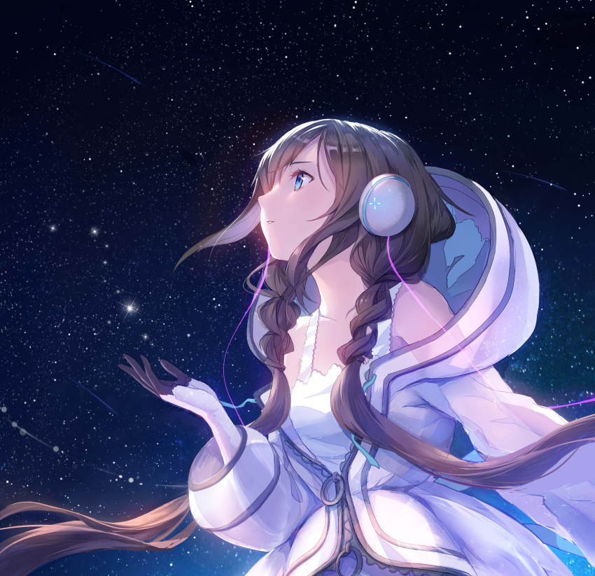 1girl absurdly_long_hair absurdres braid brown_hair character_request collarbone dress headphones highres long_hair night night_sky parted_lips sky solo star_(sky) starry_sky stellarism twin_braids upper_body utau very_long_hair white_dress