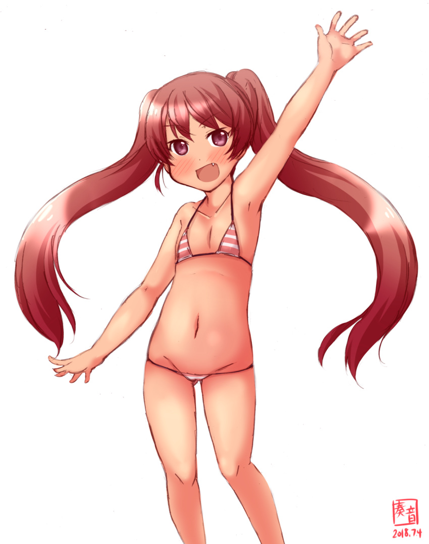 1girl alternate_costume artist_logo bikini brown_eyes brown_hair commentary_request dated fang groin highres kanon_(kurogane_knights) kantai_collection libeccio_(kantai_collection) long_hair looking_at_viewer lowleg lowleg_bikini micro_bikini open_mouth pink_bikini simple_background smile solo striped striped_bikini swimsuit twintails waving white_background