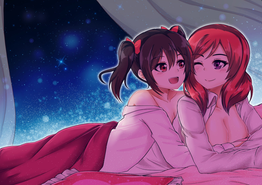 bangs bare_shoulders bed_sheet black_hair blush collarbone long_hair looking_at_another love_live! love_live!_school_idol_project lovejuice_(elmokun_moe) lying nishikino_maki on_bed on_stomach one_eye_closed open_clothes open_mouth open_shirt redhead short_hair twintails violet_eyes yazawa_nico yuri