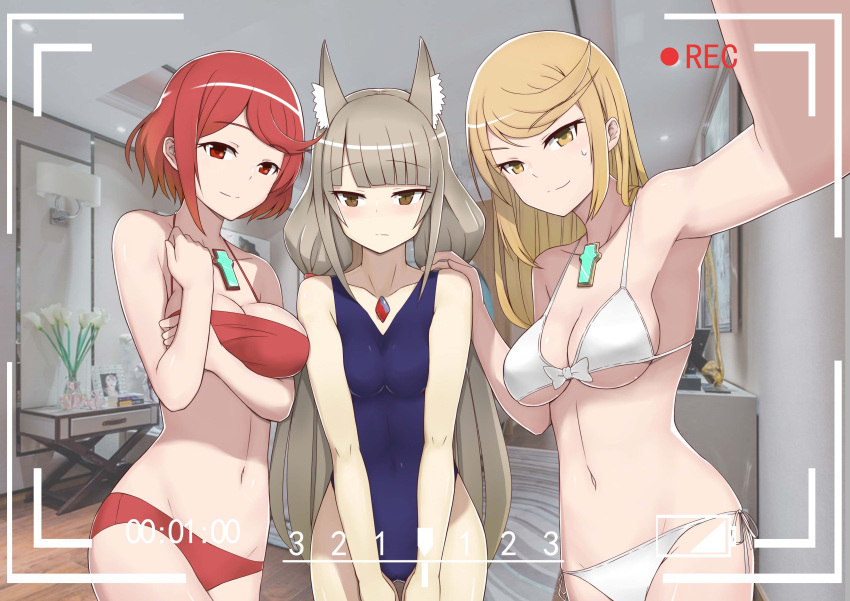 3girls absurdres animal_ears armpits artist_request bangs bare_shoulders bikini blonde_hair blush bow breast_hold breasts brown_eyes cleavage cowboy_shot eyebrows eyebrows_visible_through_hair gem grey_hair half-closed_eyes hand_on_another's_shoulder highres mythra_(xenoblade) pyra_(xenoblade) indoors long_hair looking_at_viewer low_twintails medium_breasts multiple_girls navel niyah one-piece_swimsuit outstretched_arm recording red_bikini red_eyes redhead self_shot short_hair shy side-tie_bikini small_breasts smile sweatdrop swept_bangs swimsuit twintails under_boob very_long_hair white_bikini white_bow xenoblade_(series) yellow_eyes