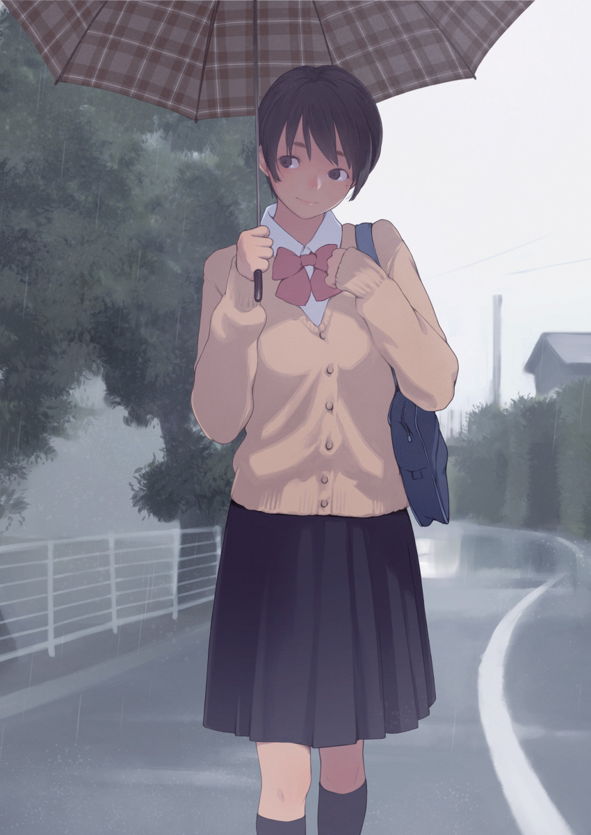 1girl absurdres backpack bag black_eyes black_hair black_legwear black_skirt bow bowtie closed_mouth comic_koh commentary_request fence grey_sky highres holding holding_umbrella kamo_(gafas) kneehighs long_sleeves looking_to_the_side outdoors pleated_skirt red_neckwear road school_uniform skirt sky smile solo standing sweater tree umbrella