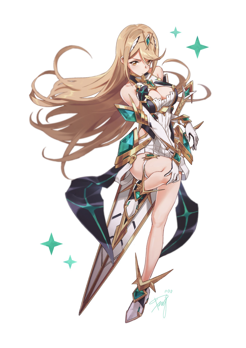 1girl armor bare_shoulders blonde_hair blush breasts cleavage dress gloves hair_ornament highres mythra_(xenoblade) large_breasts long_hair looking_at_viewer sleeveless solo sword tugo weapon xenoblade_(series) xenoblade_2 yellow_eyes