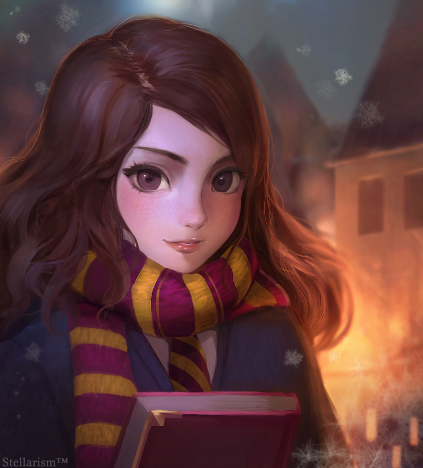 1girl artist_name blush book brown_eyes brown_hair christmas gryffindor harry_potter hermione_granger highres holding holding_book looking_at_viewer medium_hair necktie outdoors parted_lips scarf smile snowflakes snowing solo stellarism striped striped_neckwear striped_scarf
