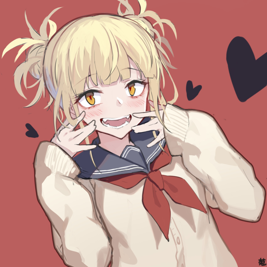 1girl :d blonde_hair blush boku_no_hero_academia brown_eyes cardigan commentary_request dutch_angle fangs hair_bun hands_up heart heart-shaped_pupils highres long_sleeves looking_at_viewer neckerchief open_mouth red_background red_neckwear school_uniform sidelocks simple_background sleeves_past_wrists smile solo symbol-shaped_pupils toga_himiko u.a._school_uniform yuri_shoutu