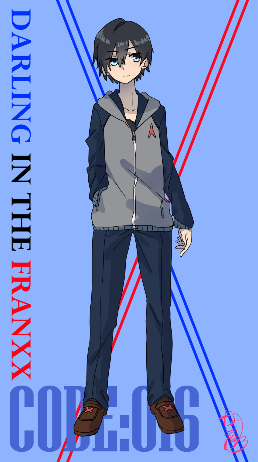1boy absurdres bangs black_hair blue_eyes blue_pants brown_footwear commentary_request darling_in_the_franxx english eyebrows_visible_through_hair grey_hoodie hand_in_pocket highres hiro_(darling_in_the_franxx) hood hoodie male_focus nakoya_(nane_cat) pants shoes short_hair solo