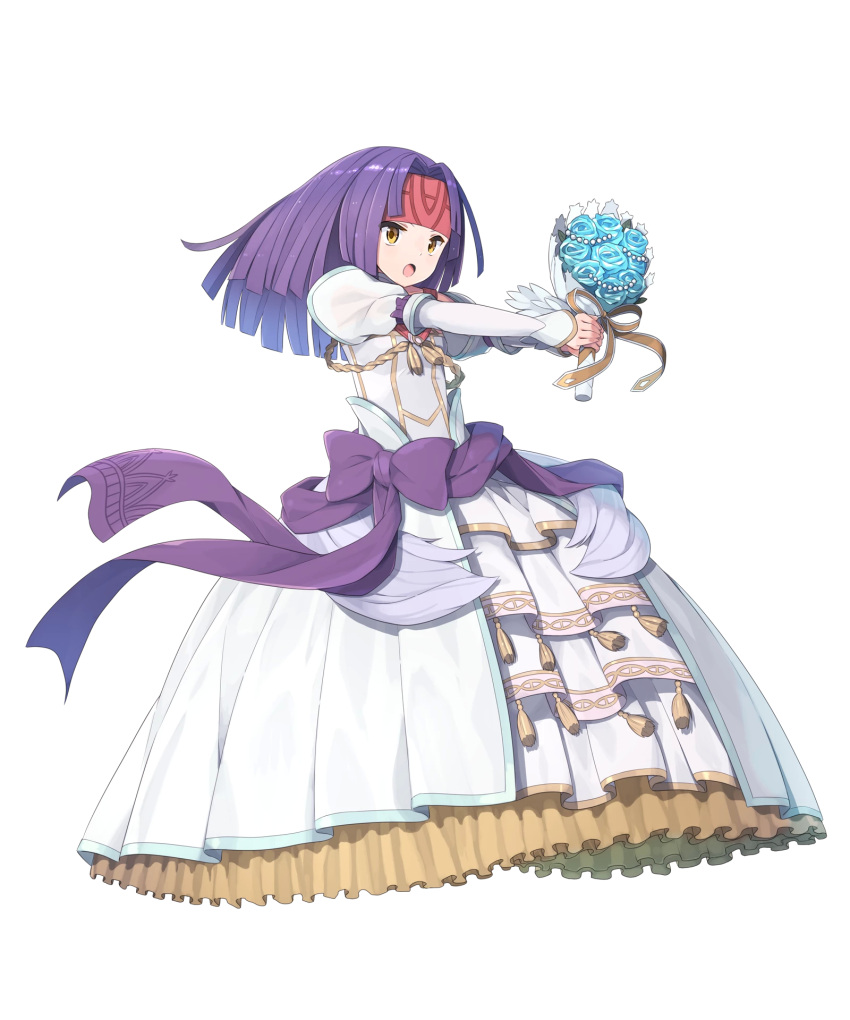 1girl alternate_costume arm_ribbon bare_shoulders blue_flower blue_rose bouquet detached_collar dress eyes fire_emblem fire_emblem:_akatsuki_no_megami fire_emblem:_souen_no_kiseki fire_emblem_heroes flower formal full_body headband highres holding holding_bouquet long_sleeves looking_to_the_side medium_hair open_mouth purple_hair purple_ribbon ribbon rose sanaki_kirsch_altina solo strapless strapless_dress wedding_dress white_dress yellow_ribbon