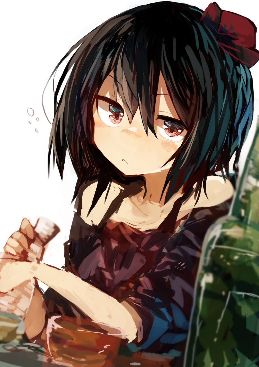 1girl :&lt; absurdres alternate_costume bangs bare_shoulders black_hair blush bottle collarbone drunk eyebrows_visible_through_hair frown glass hair_between_eyes hat highres kaamin_(mariarose753) looking_at_viewer red_eyes shameimaru_aya short_hair simple_background sketch sleeves_pushed_up solo table tokin_hat tokkuri touhou upper_body white_background