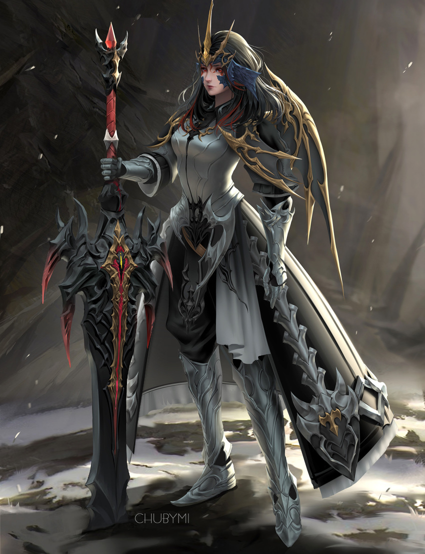 1girl armor armored_dress artist_name au_ra black_hair breasts chuby_mi closed_mouth dark_knight_(final_fantasy) dragon_horns facial_mark final_fantasy final_fantasy_xiv gauntlets greaves headdress highres holding holding_sword holding_weapon horns lips long_hair looking_at_viewer medium_breasts red_eyes scales single_wing solo standing sword weapon wings
