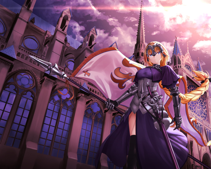 1girl armor armored_dress blonde_hair blue_eyes braid breasts building capelet chains city cityscape clouds dusk eyebrows_visible_through_hair fate/apocrypha fate/grand_order fate_(series) faulds flag from_below gauntlets headpiece highres holding holding_flag jeanne_d'arc_(fate) jeanne_d'arc_(fate)_(all) large_breasts long_braid long_hair oekakizuki outdoors plackart scenery single_braid sky standard_bearer sunset thigh-highs thighs