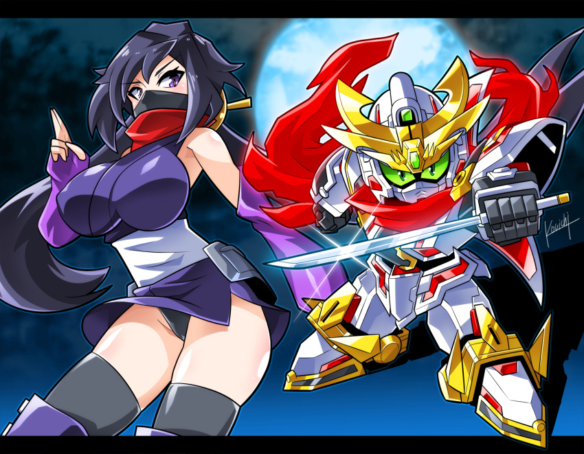 1girl artist_name ayame_(gundam_build_divers) bangs black_hair black_legwear black_panties boots breasts check_commentary chibi commentary_request elbow_gloves erect_nipples face_mask fingerless_gloves full_moon gloves green_eyes gundam gundam_build_divers hair_ornament hip_armor japanese_clothes kimono knee_boots kouichi_(kouichi-129) large_breasts long_hair looking_at_viewer low_ponytail mask mecha moon ninja ninjatou nt-d panties red_scarf rx-zeromaru scarf sd_gundam signature sleeveless split_ponytail thighhighs_under_boots underwear violet_eyes weapon