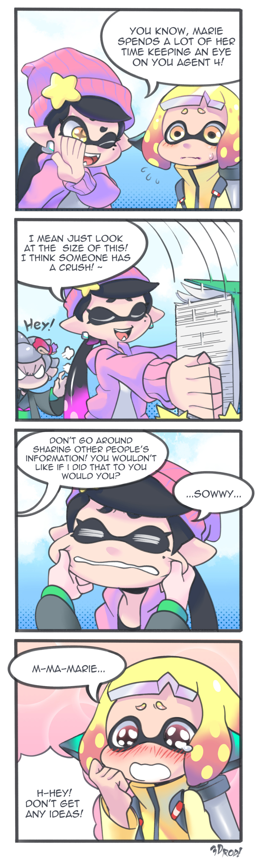 3d_rod! 3girls 4koma absurdres aori_(splatoon) beanie blush cheek_pull comic english fangs hat highres hotaru_(splatoon) inkling jacket japanese_clothes kimono mole mole_under_eye multiple_girls orange_hair pointy_ears purple_hair speech_bubble splatoon splatoon_2 squidbeak_splatoon sweatdrop tentacle_hair