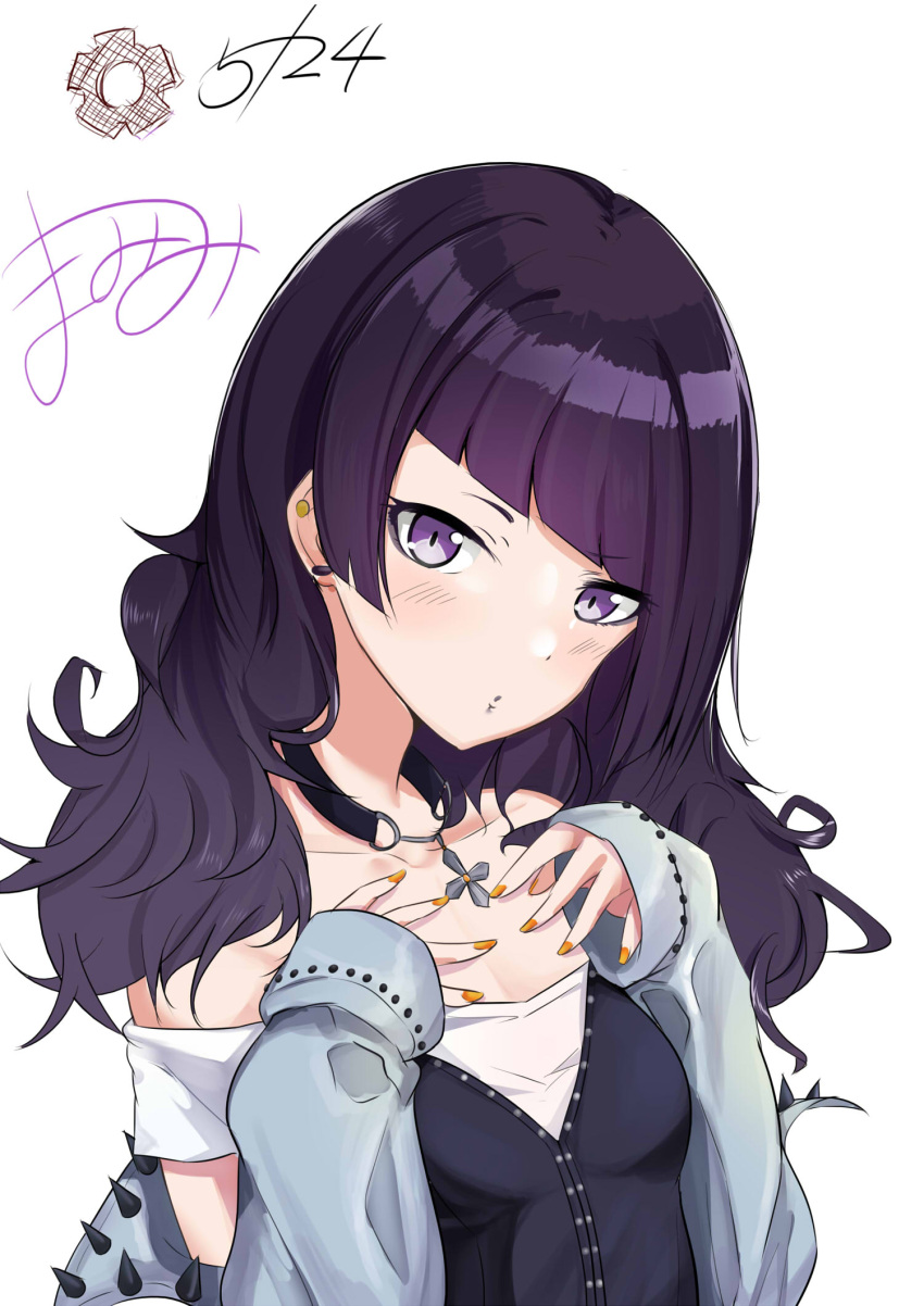 1girl bangs bare_shoulders black_shirt blue_jacket blush breasts collarbone cross cross_necklace diagonal_bangs earrings hand_on_own_chest head_tilt highres idolmaster idolmaster_shiny_colors jacket jewelry long_hair looking_at_viewer nail_polish necklace purple_hair schreibe_shura shirt spikes stud_earrings tanaka_mamimi violet_eyes